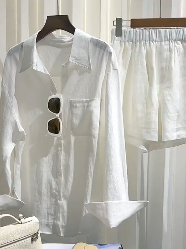 Linen Pant Wide - Летний женский льняной комплект: рубашка и